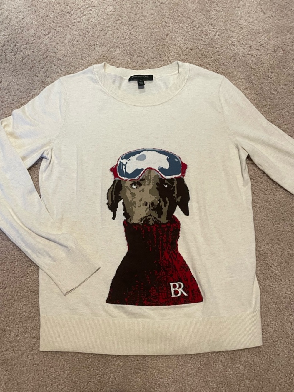 Banana Republic Cream light weight knit top with Dog Graphic and Red Accents
